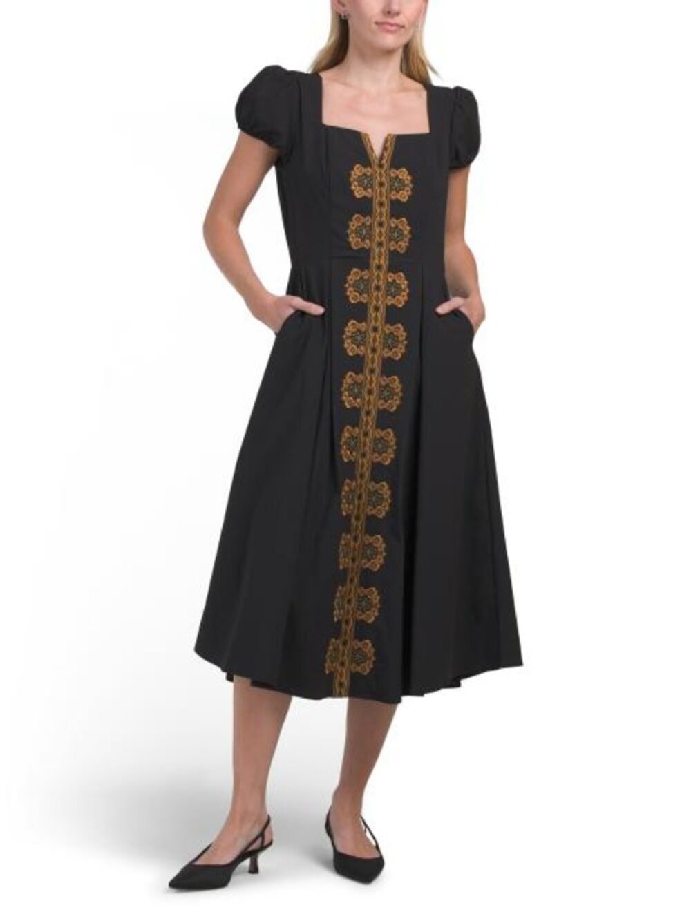 ELIE TAHARI Embroidered Puff Sleeve Pleated Skirt Dress With Square Neck